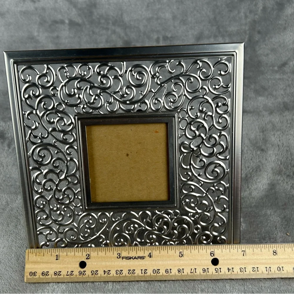 Square Metal Picture Frame Silver Tone Open Scroll Work Design ~2.5x2.5” Opening